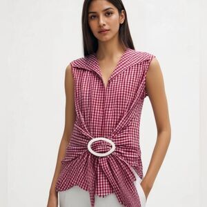 Vintage Y2K Debbie Shuchat pink gingham tie front preppy blouse‎ -- XL